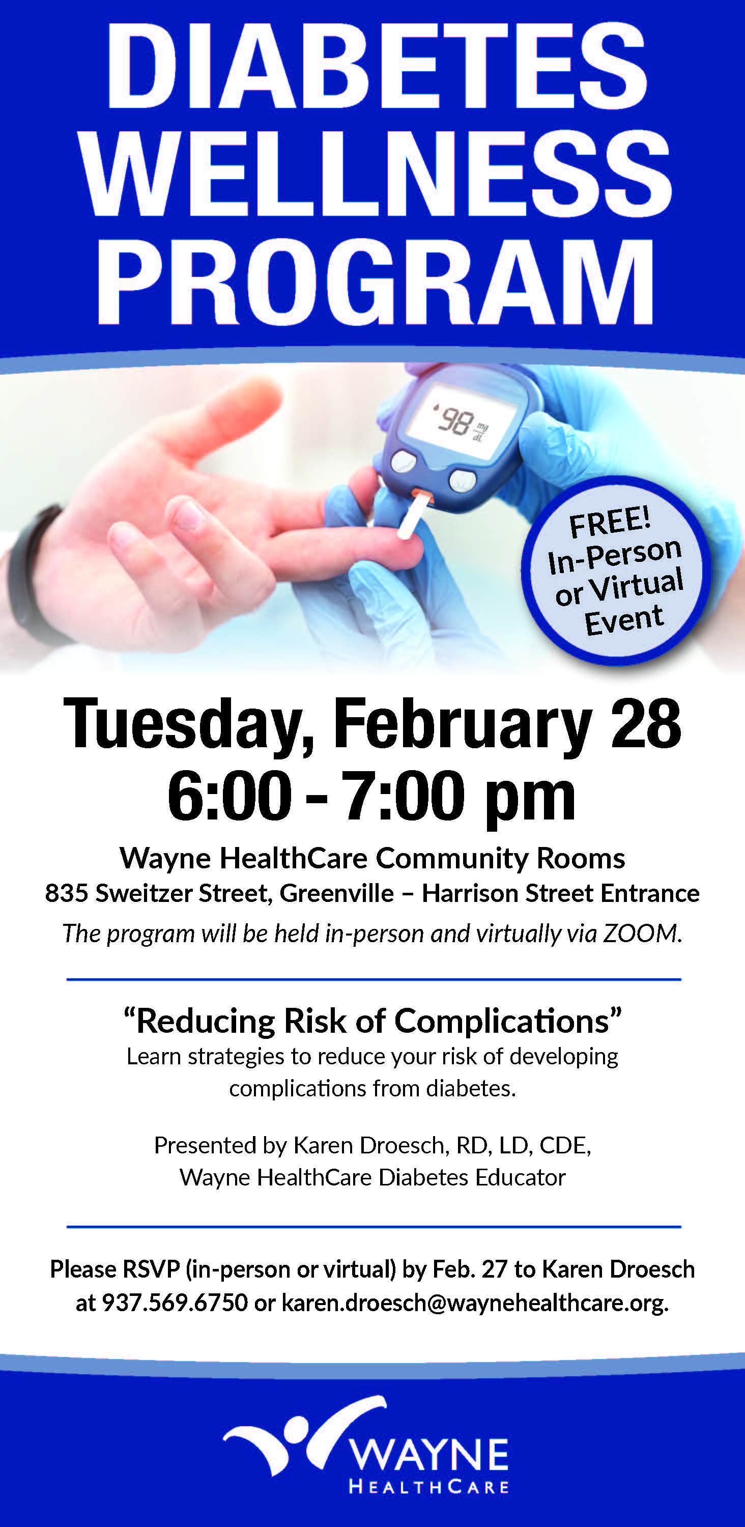 Checking finger for diabetes testing photo and diabetes wellness program information
